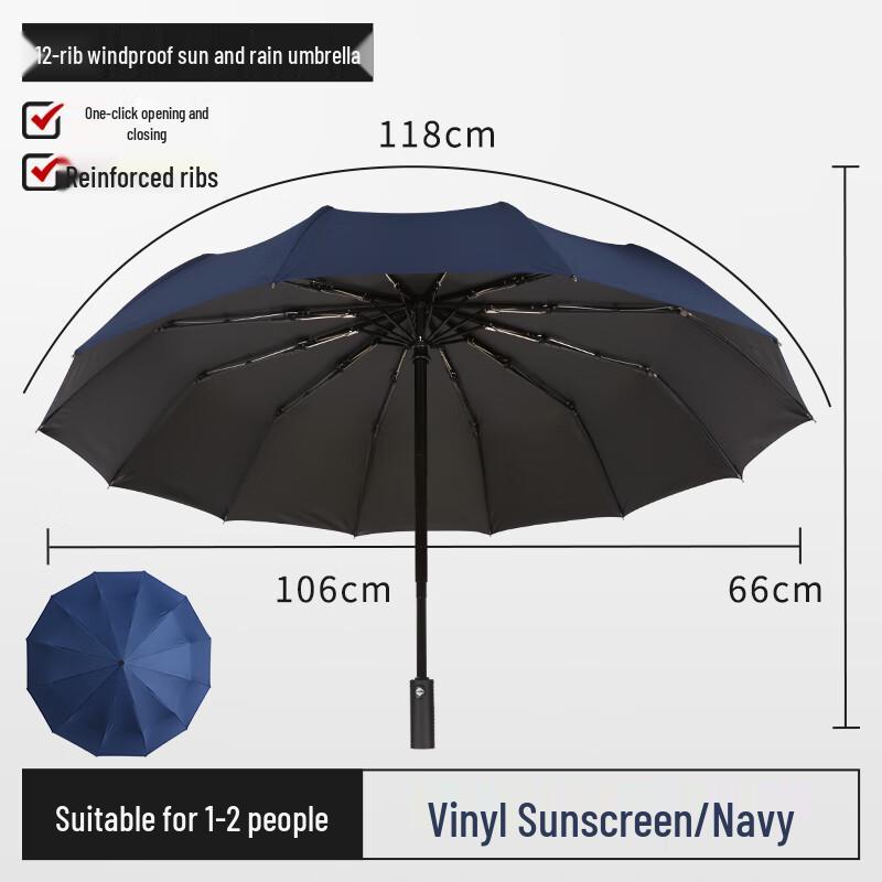 

Navy Blue 12-Rib Black Coated Manual Folding Umbrella (2-Pack)