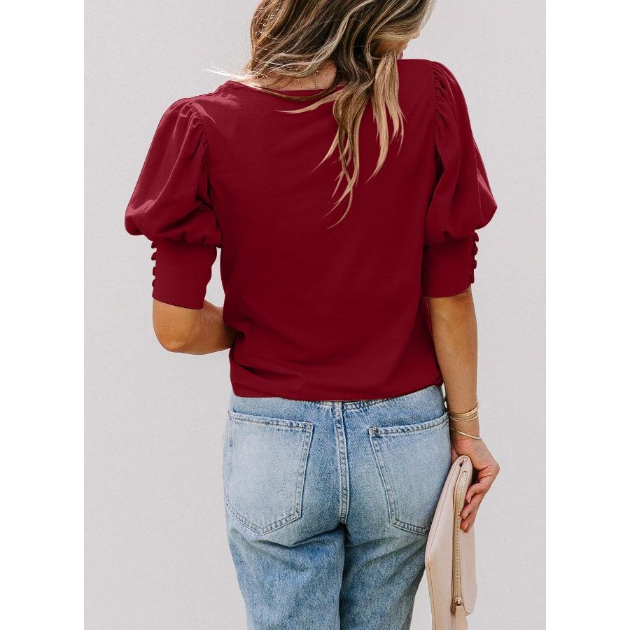 Summer Women's Round Neck Solid Color Button Loose Casual Short Sleeved T-shirt for Women