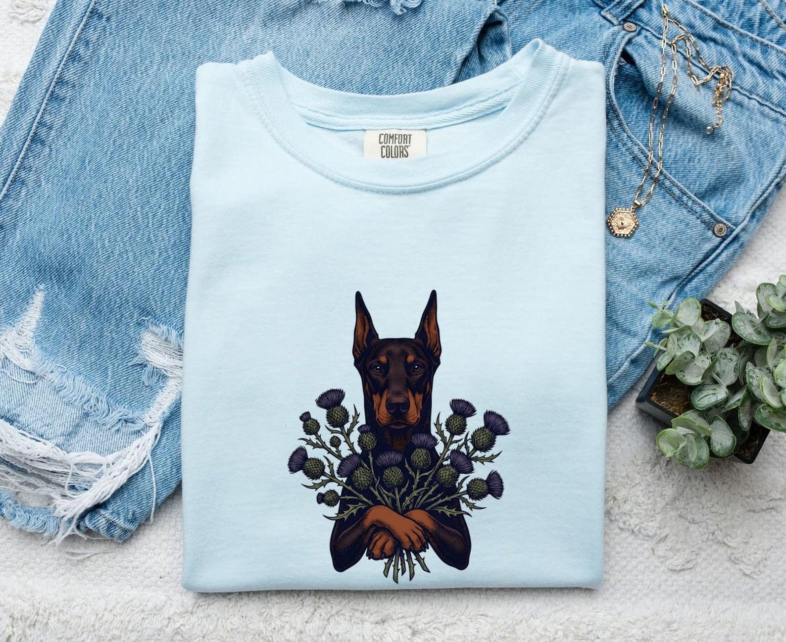 Doberman Dog Shirt Dog Floral Gift Women Tattoo Style Tee Dobermann T-Shirt Dog Fan Traditional Tshirt Botanical Graphic Vintage Thistle S