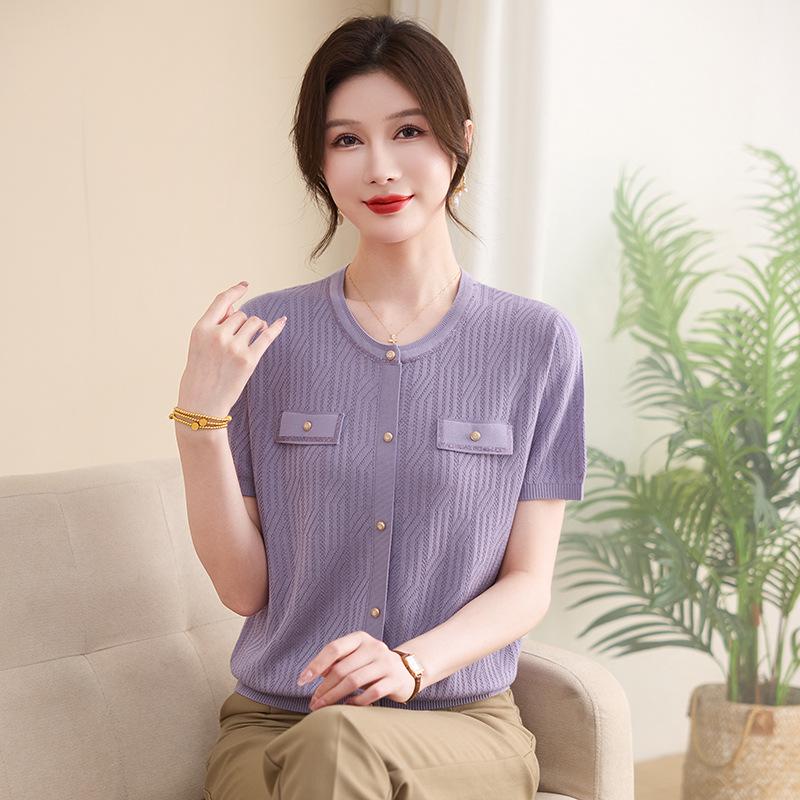 

Summer Tencel Knit Pullover: Short Sleeve, Round Neck, Jacquard Design. 5XL (150-165 jin) фіолетовий