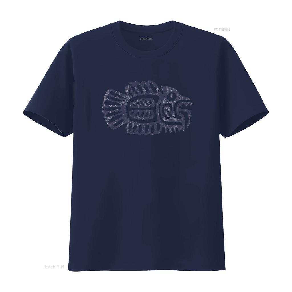 Vintage Tribal Aztec Fish Totem Print Cool Casual T Shirt Vintage Washed Slightly Fashion Homme Unisex Versatile