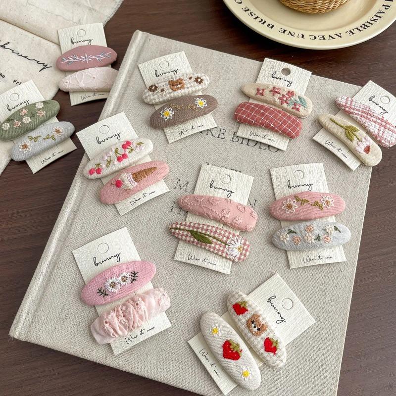 2Pcs Embroidery Flower Children's Hairpin Sweet Hair Clip Bangs Side Clip Hairpin Barrettes Headwear Hair Accessories Headdress