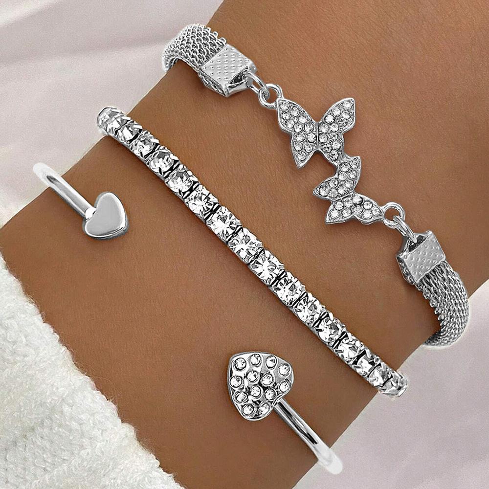3pcs/Set Luxury Fashion Minimalist Personality Rhinestone Butterfly & Heart Layered Bangle Bracelet, High-End Accessory Set For