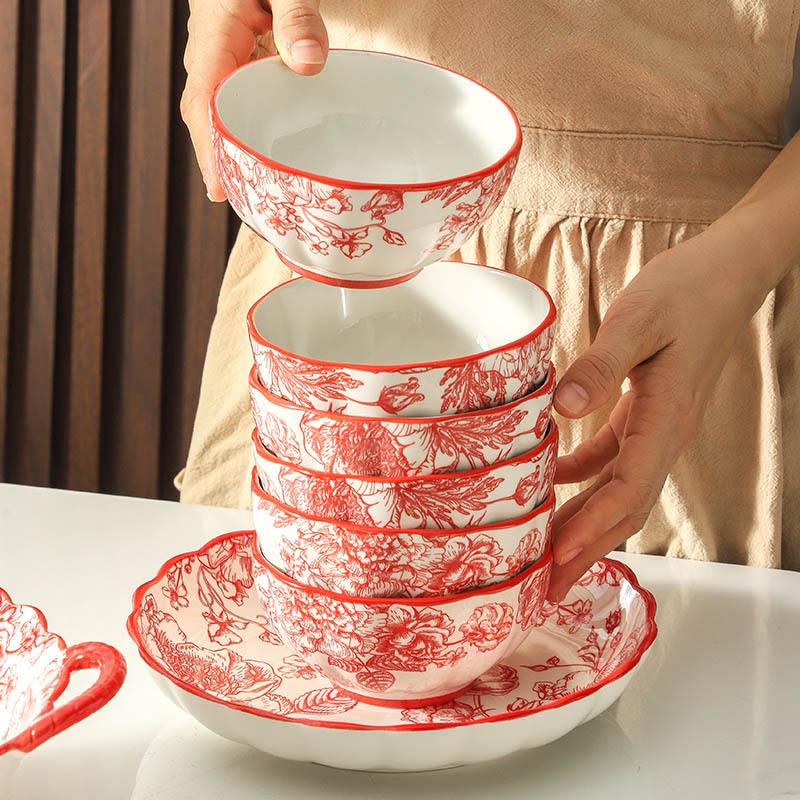 Bowl Set, Red Rose Household Chinese Wedding Housewarming Gift, Ceramic Bowl Wedding Gift Box Set