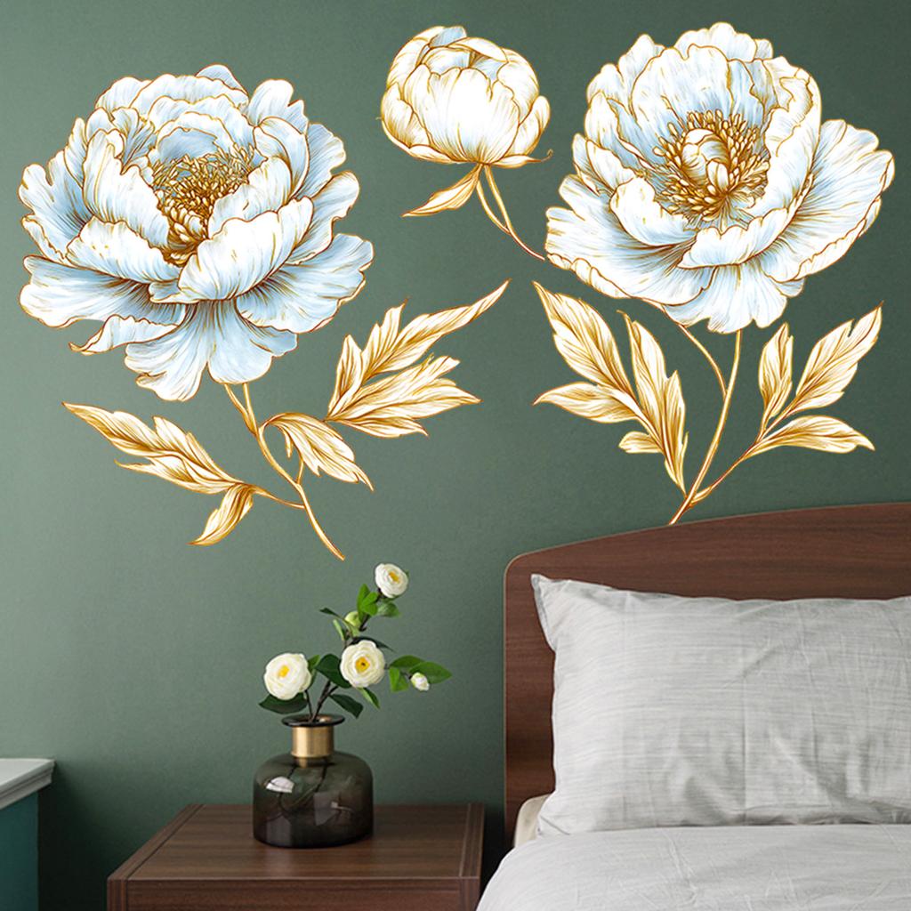 Gold Leaf Flower Wall Sticker Removable Self-Adhesive Background Decor for Bedroom Living Room Home Decoration