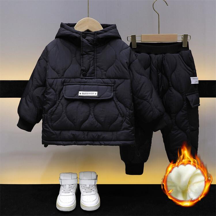 Steppanzug für Jungen, Winteranzug für Kinder, einfarbig, dick, mit Baumwolle gefüttert, zweiteilig, Baby-Winteranzug mit Baumwolle gefüttert
