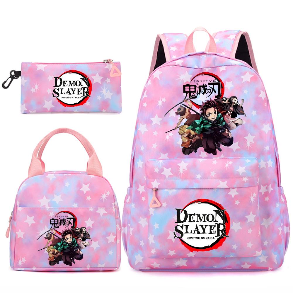 3 st/set Tecknad Demon Slayer Tryckt Ryggsäck Handväska Pennskrin för Tonåring Student Flicka Pojke Skolväska Stor Kapacitet Vattentät Resväska Gåva