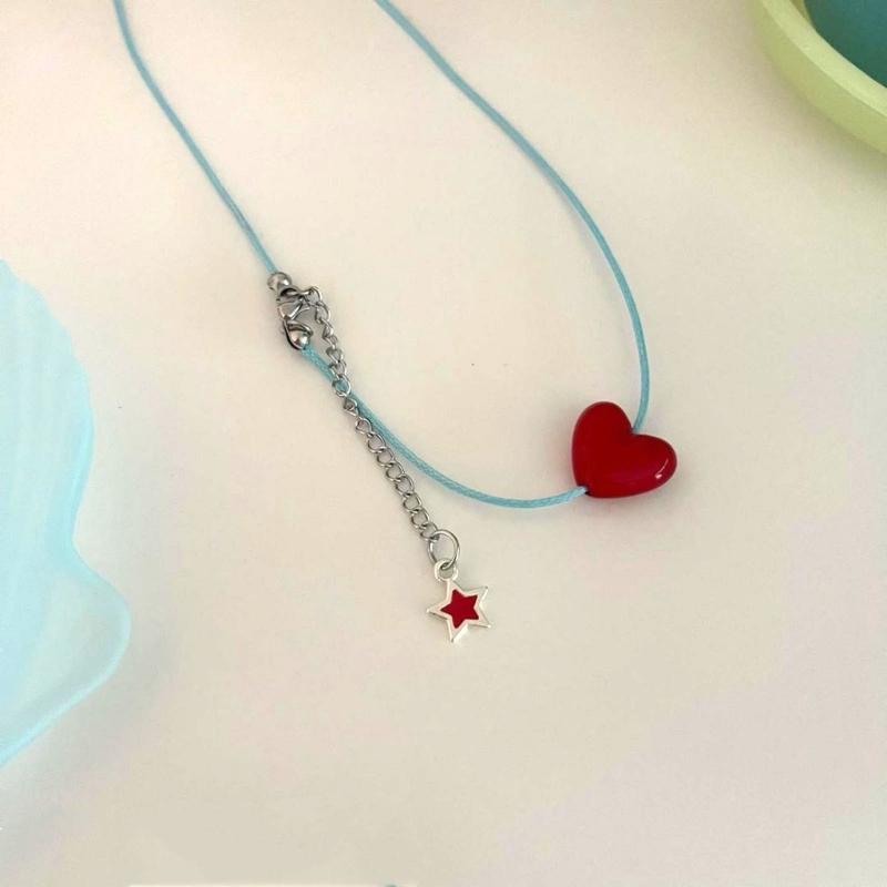 Fashion Red Heart Neck Chain Sweet Temperament Clavicle Chain Necklace Adjustable Choker Jewelry Gift for Women Girls