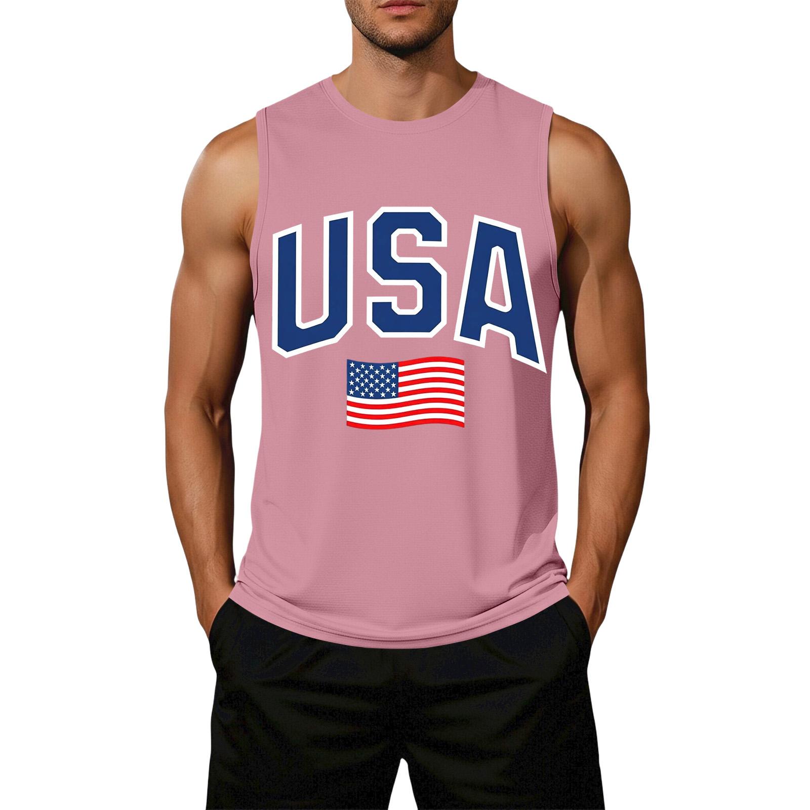 

Men s Loose Fit Casual Sleeveless Top Flag Print Graphic Semi-Quincentennial USA Patriotic Design Cotton Blend Fabric Summer Wear XXL рожевий