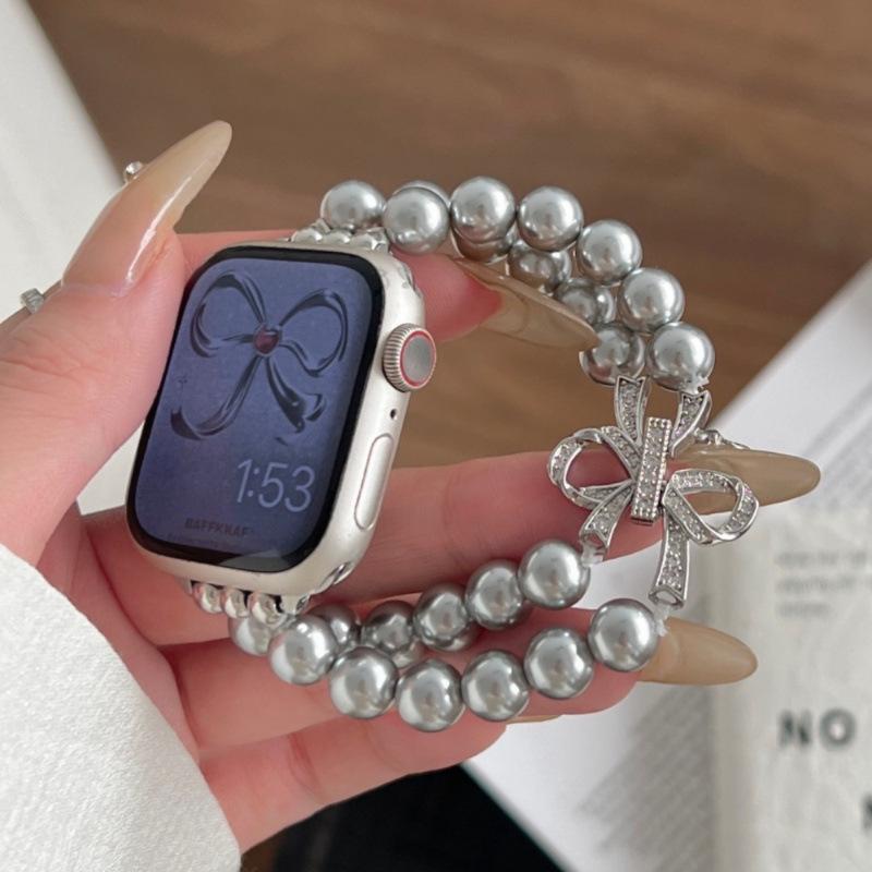 Compatible Bowknot Pearl Elastic Beaded Strap for Apple Watch 10/9/8/7/SE