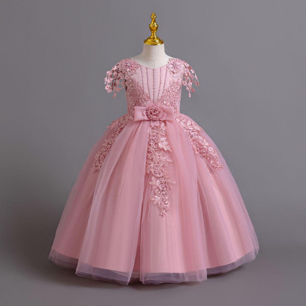 Girls' European and American Style Long Skirt Tie-Up Wedding Princess Dress - High-End Formal Graduation Party Dress