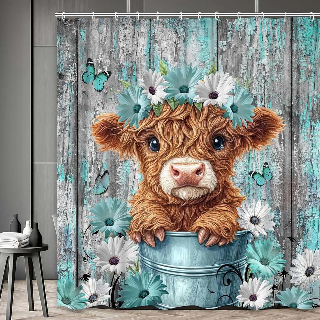 Funny Highland Cow Shower Curtain for Bathroom Decor, Teal Farm Teal Daisy Floral Flowers and Butterfly On Country Wooden