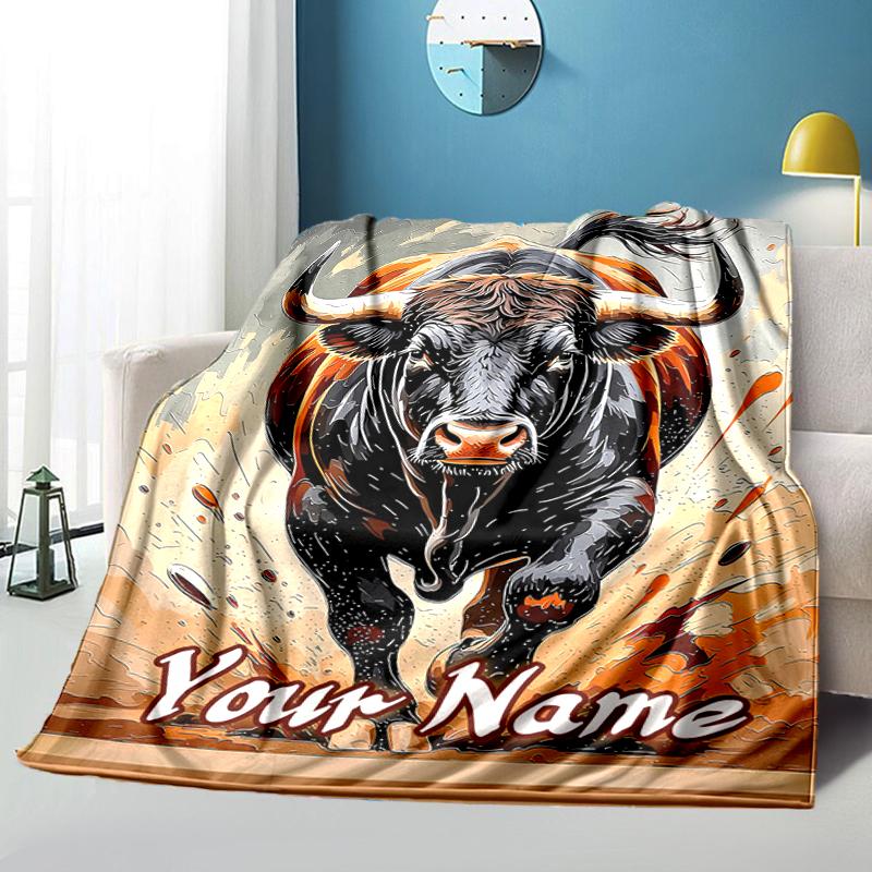 1PC Custom Name Bull Power Artwork Flannel Blanket Versatile,all-season Throw Suitable for the Living Room,bedroom,camping,travel,and Gift