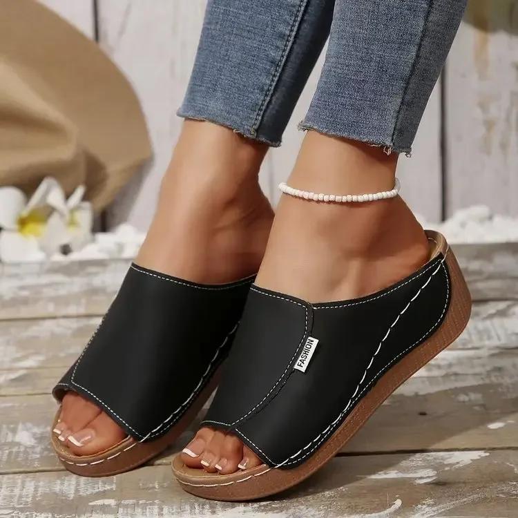 

Fashion Women Wedge Slippers Open Toe Breathable Sandals 2025 New Fashion Slippers Comfortable Buckle Woman Shoes Platform Slides Women 36 чёрный