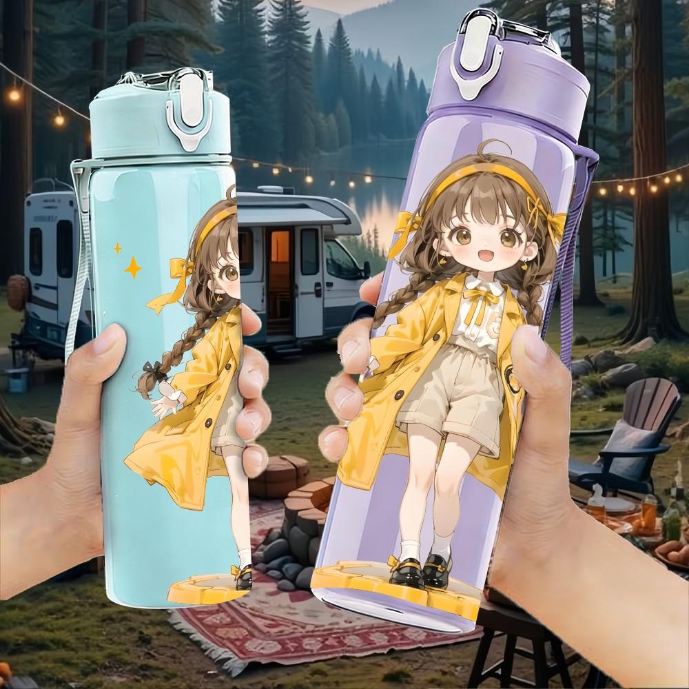 1PC Blonde Girl Yellow Dress Pattern 750ml Color Plastic Sports Water Bottle Leakproof Flip Straw Lid Suitable for Sports Office Home Use