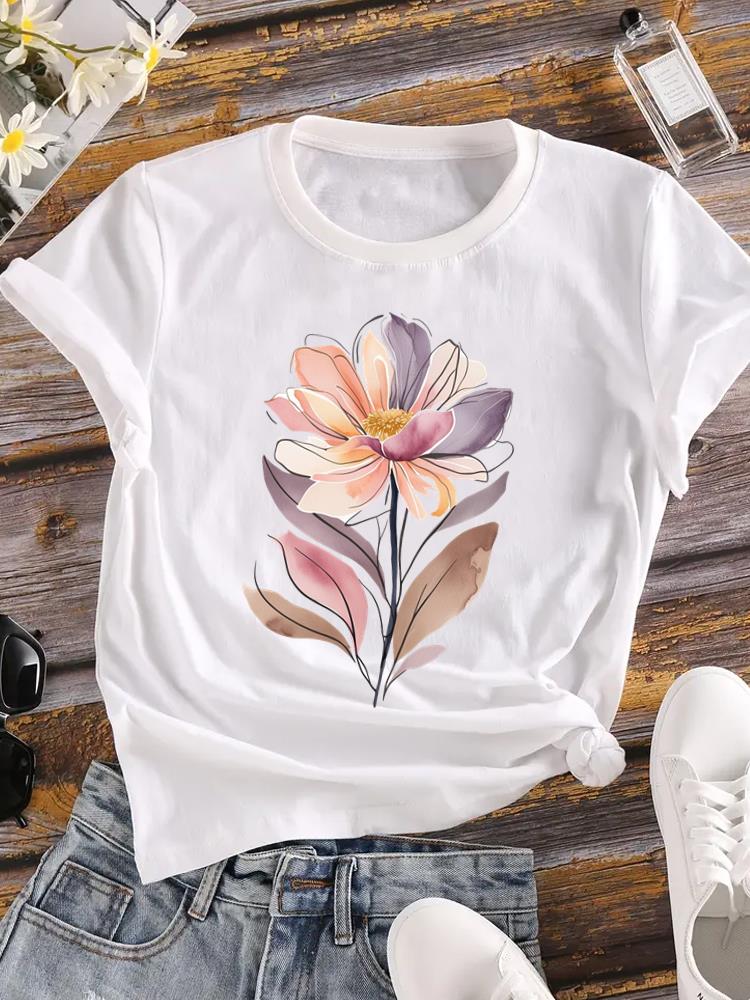 (Asian Size) o-neck T Shirt Printed Female style flower cute Top Lady Clothing Casual Fashion Women Graphic Tee Short Sleeve T-shirts