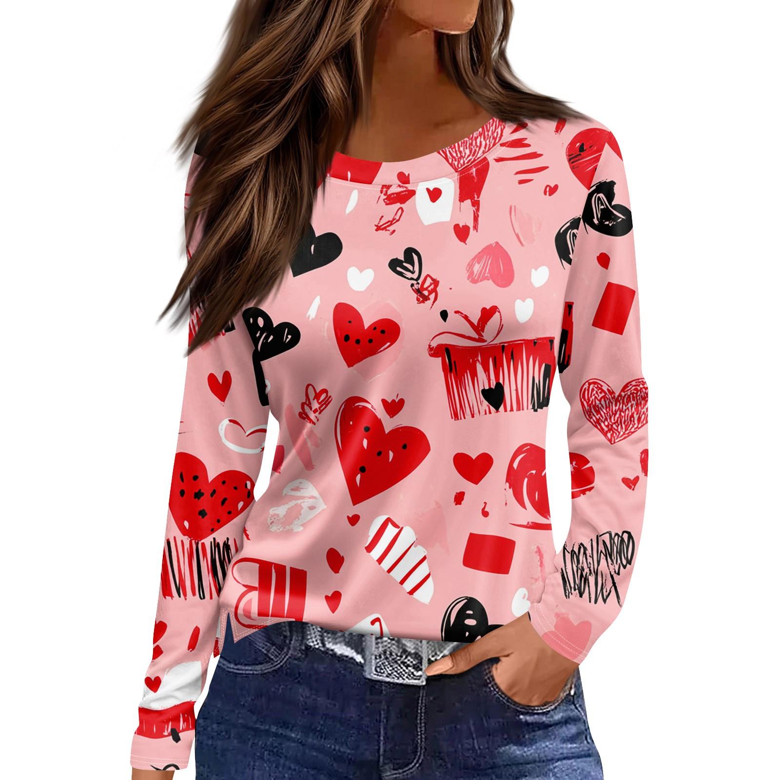 

Женская модная повседневная футболка с разрезом и круглым вырезом, длинным рукавом и принтом ко Дню святого Валентина, женский топ XL розовый