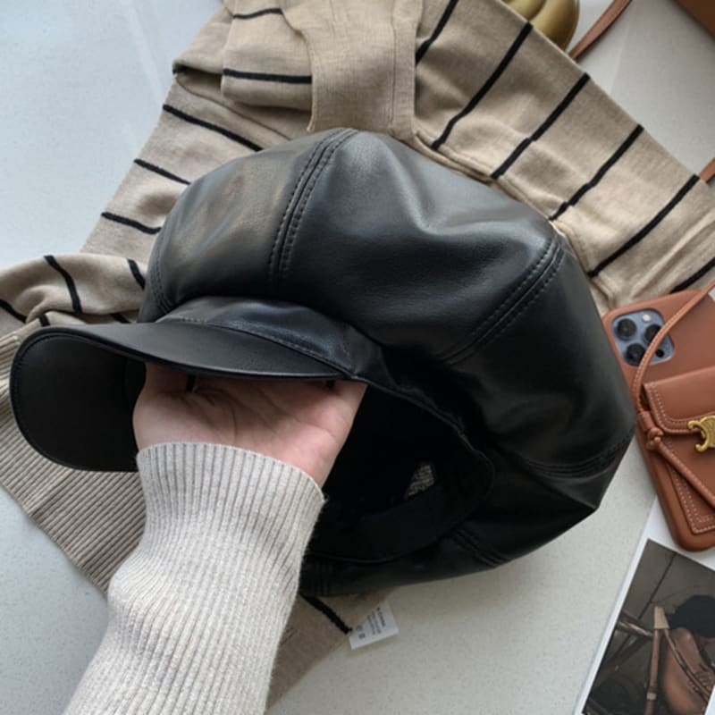 LOOKING4U Retro Leather Newsboy Cap C1 Black