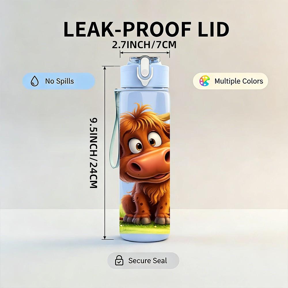 1PC Highland Cow Grass Cartoon Print 750ml Color Plastic Sports Water Bottle Leakproof Flip Straw Lid Suitable for Sports Office Home Use