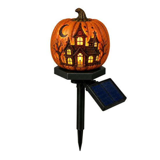 Halloween Party Accessory Solar Pumpkin Garden Stake Light, Waterproof Resin LED Jack O Lantern Lantern, Spooky Yard Lighting for Outdoor