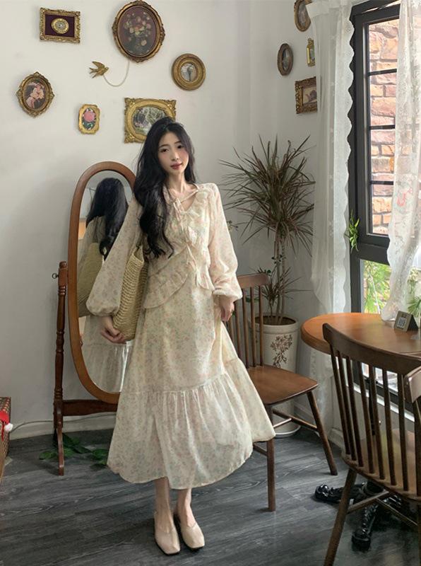 Plus Size Floral Ruffle Chiffon A-line Dress for Women - Spring Chic L (suggest for 50-60 kg)