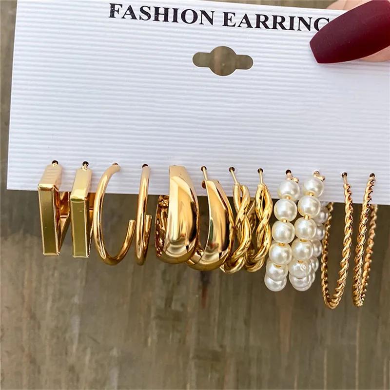 New Gold Color Big Circle Hoop Earring Set for Women Fashion Bohemia Vintage Pearl Earring Heart Zircon Ear Studs Jewelry Gifts
