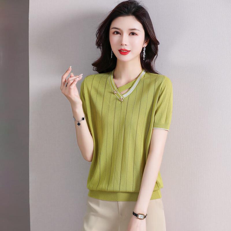 Elegant Ice Silk Knit V-Neck Short-Sleeve T-Shirt for Women