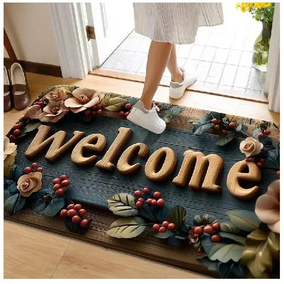 VIKAMA Vintage Floral Doormat, Non-Slip Wood-Grain Floor Mat for Entryways and Patios, Suitable for Bathroom and Porch Decor.