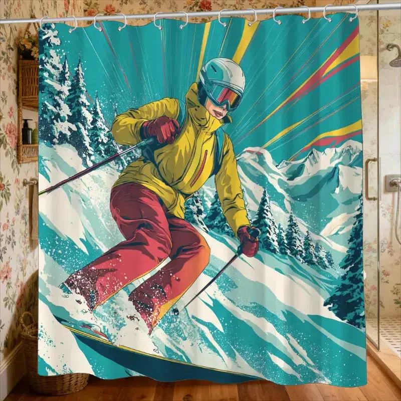 

Dynamic Skiing Illustration Shower Curtain – Alpine Adventure Art, Yellow Jacket Skier, 12 Hooks, Waterproof Sport Decor W60H190(CM)-1 Pcs