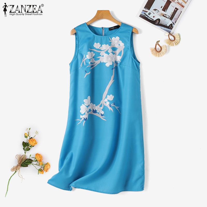 

ZANZEA Женское летнее повседневное платье без рукавов с круглым вырезом и принтом
