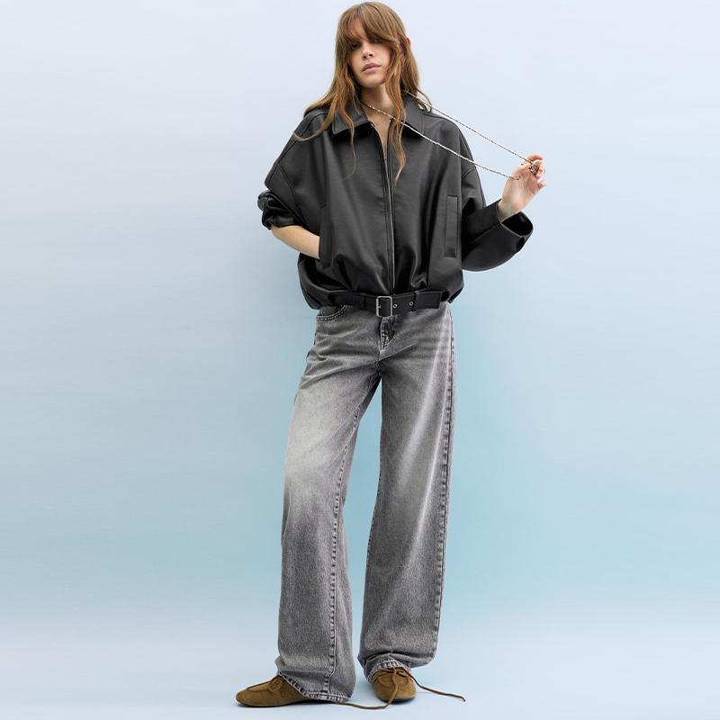 VAYLA Women's Fashion Lapel PU Leather Jacket Loose Full Sleeve Zipper Waist Belt Lace Up Coats