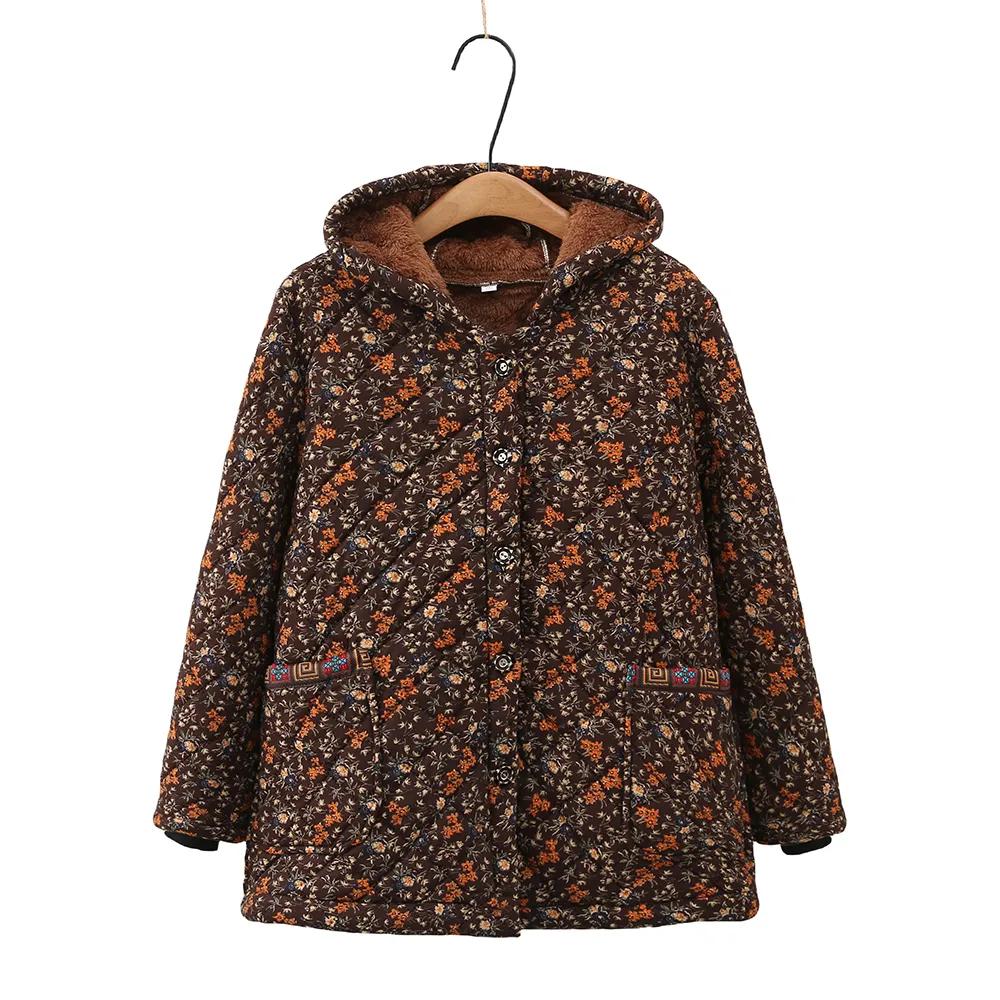 Women's Winter Plus Size Fleece-Lined Warm Coat Hooded Casual Jacket for Middle-Aged and Elderly Women