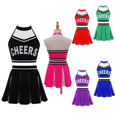 Girls Cheer Leader School Costume Uniform Children Cheerleading Crop Top with Plaid Skirt Outfit Halloween