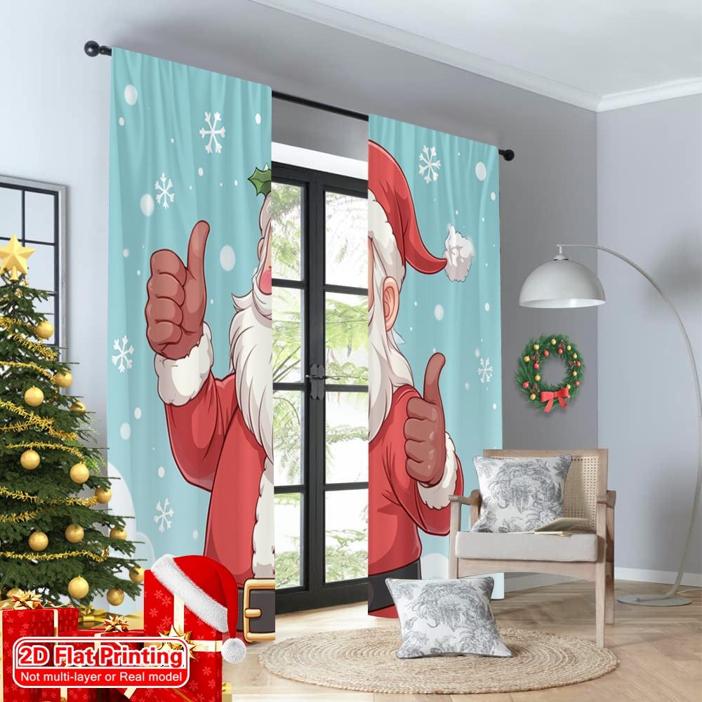 2pcs 2D Flat Printing Christmas Scene Curtain Santa Claus Snowflakes Christmas Fabric Without Electricity Festive Wall Decor
