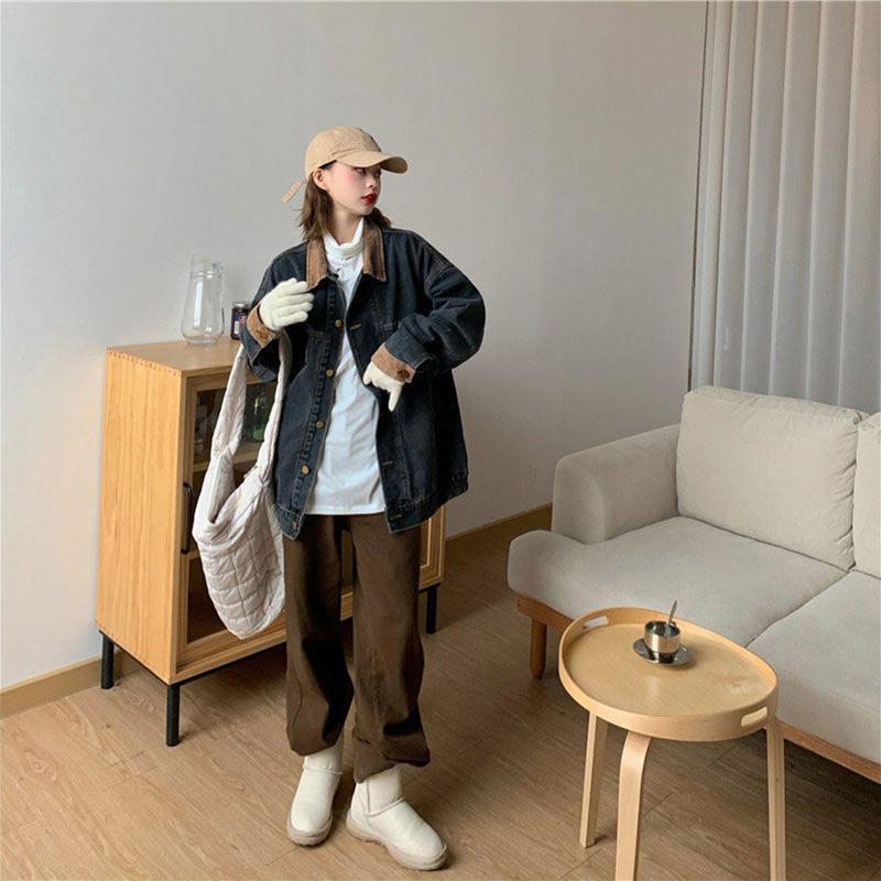 Plus Size Jeansjacke Damen Casual Lose Bequeme Knopfjacke Vintage Langarm Tops