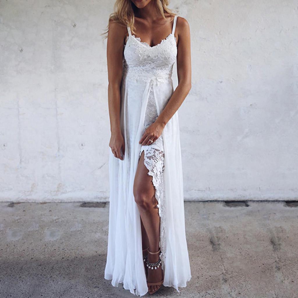 Women's Summer Sling V-neck Sexy Lace Splitting Irregular Long Dress