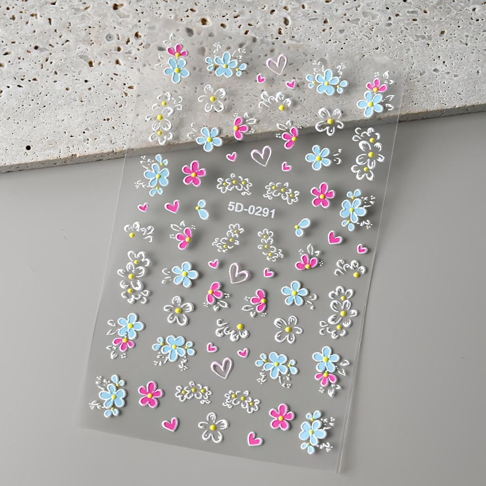 1PC 5D Floral Nail Stickers, Pink Blue Flower Butterfly Heart French Line, Spring Acrylic Decals Slider for Manicure Gift