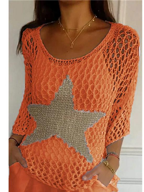 Elegant European & American Style Five-Star Round Neck Sweater with Three-Quarter Sleeves for Women