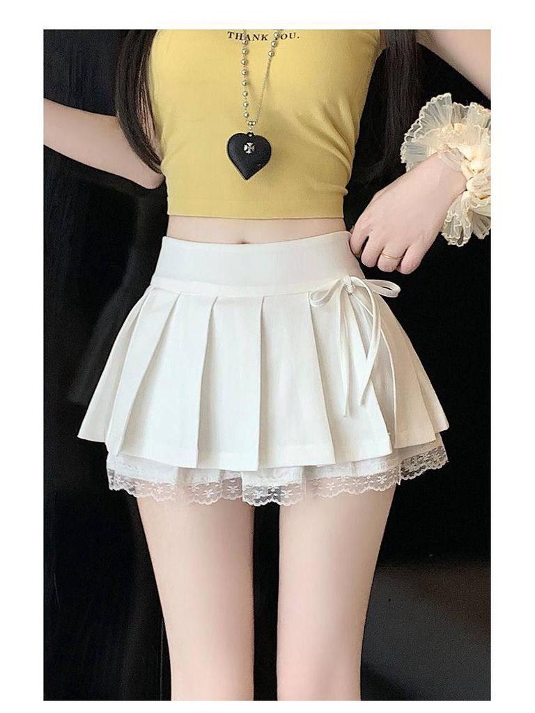 Sweet Pleated A-Line Mini Skirt with Lace Patchwork, High-Waisted and Anti-Exposure, 2025 Summer Collection