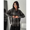 Women's Point Collar Long Sleeve Plaid Shirt Loose Fit Vintage Casual Pocket Blouse