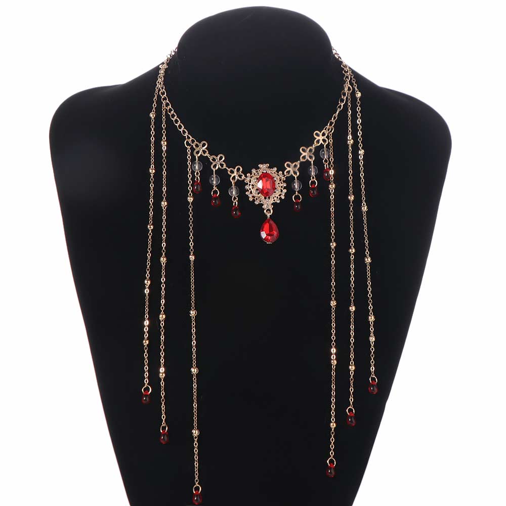 Tassel Chain Rhinestone Necklace Water Droplet Shiny Choker Retro Clavicle Chain  Bridal