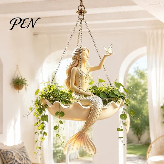 Decorative Succulents Holder for Balcony Ballet Dancer & Mermaid Hanging Planter, Resin Shell-Shaped Flower Pot with Metal Chains, Stylish Decor Patio