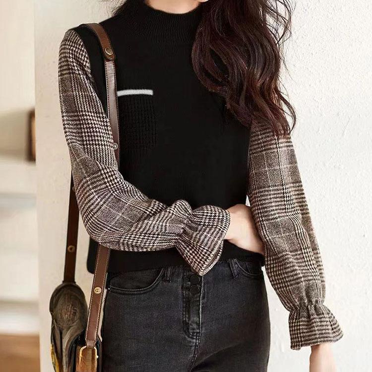 Pulovere Fals Două Piese cu Imbinări pentru Femei Toamnă Iarnă Mânecă Lungă Gât Semi Înalt Confortabil Casual Pulover Tricotat Versatil