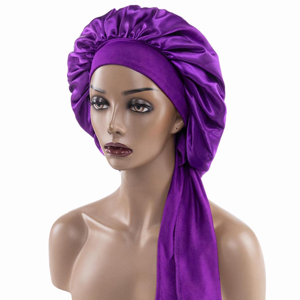 Satin Nightcap with Wide Elastic and Long Tail - Extra Large Women's Ribbon Shower Hat