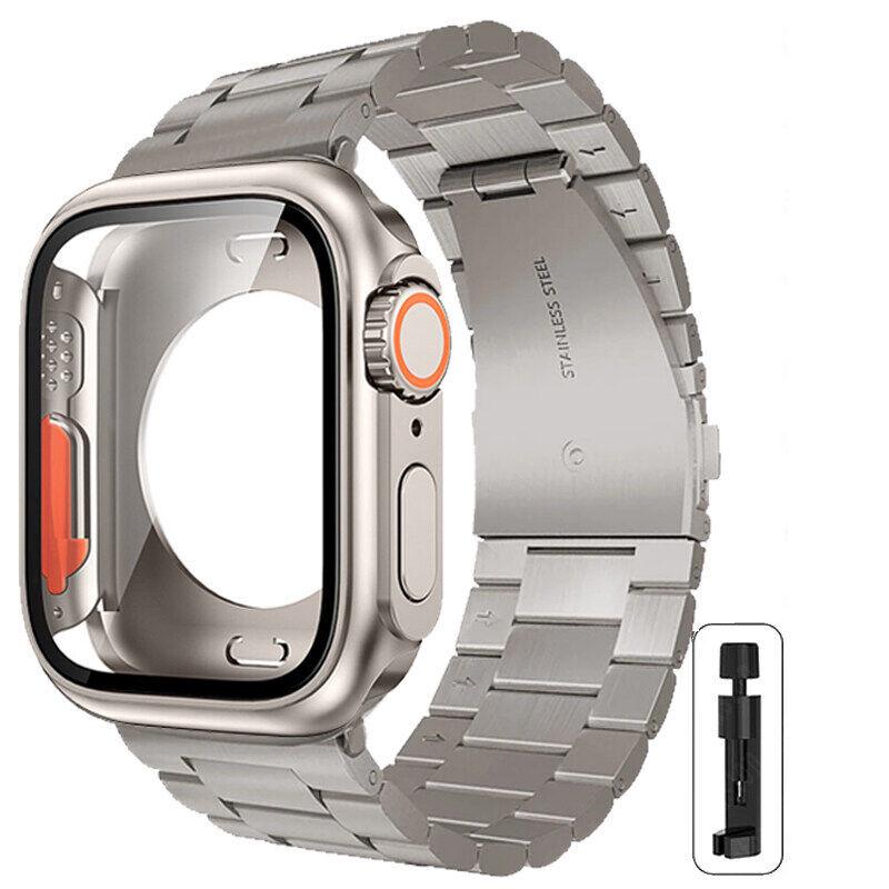 Compatible with Apple Watch Series 10 (46/40/41/44/45mm) Stainless Steel Three-Bead Strap + Full Coverage PC Case