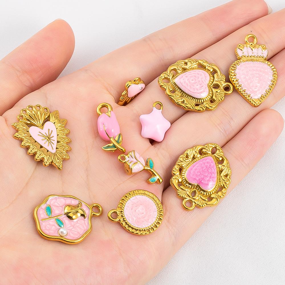 2pcs Stainless Steel Charms Retro Pink Enamel Rose Flower Heart Necklace Charm for DIY Earring Jewelry Making Pendant Supplies
