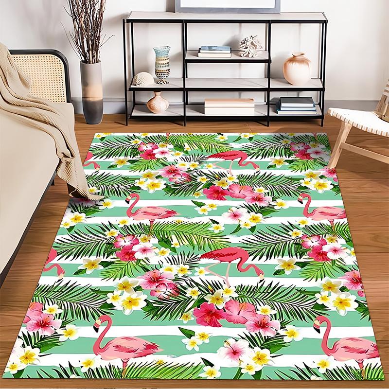 Tropical Flamingo and Floral Striped Carpet with Green Palm Leaves Suitable for use as an anti-slip for living room bedroom sofas