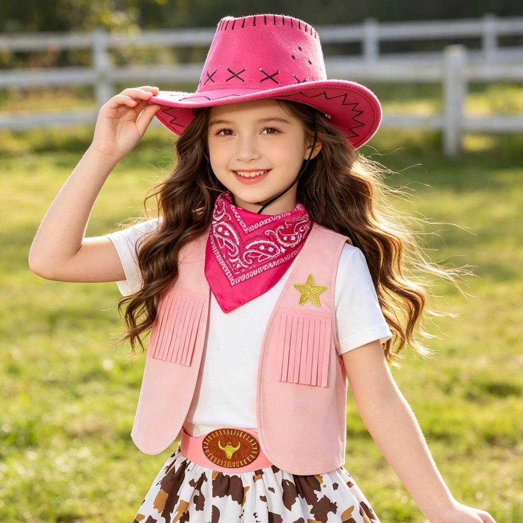 Girls' Western Cowboy Vest Costume with Tassel and Scarf for Festival or Role-Playing Events
