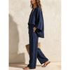 Women Linen‑Look 2‑Piece Outfit V‑Neck 3/4 Sleeve Loose Blouse Drawstring Waist Wide‑Leg Long Pants Casual Set 