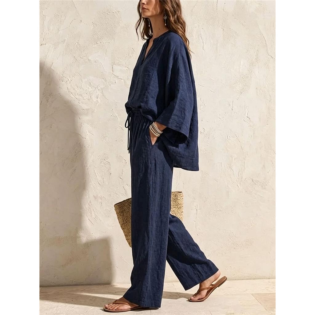 Women Linen‑Look 2‑Piece Outfit V‑Neck 3/4 Sleeve Loose Blouse Drawstring Waist Wide‑Leg Long Pants Casual Set 